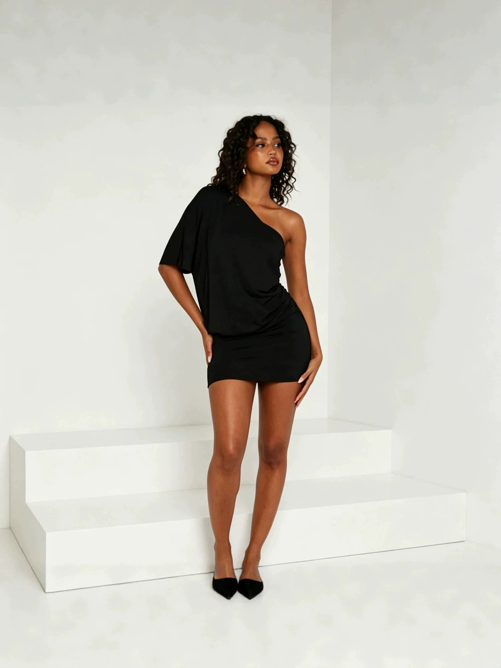 Zara Asymmetric One Shoulder Black Bodycon Dress Relaxed Vibe